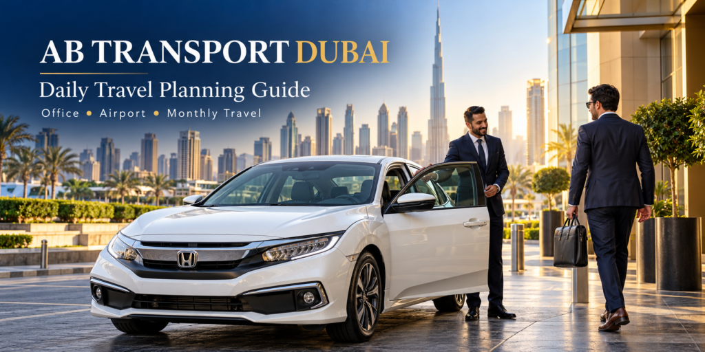 AB Transport Dubai driver welcoming an office commuter beside a white Honda Civic